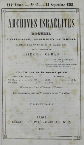 Archives israélites de France. Vol.25 N°18 (15 sept. 1864)